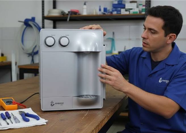 Técnico Belatec realizando manutenção em purificador de água